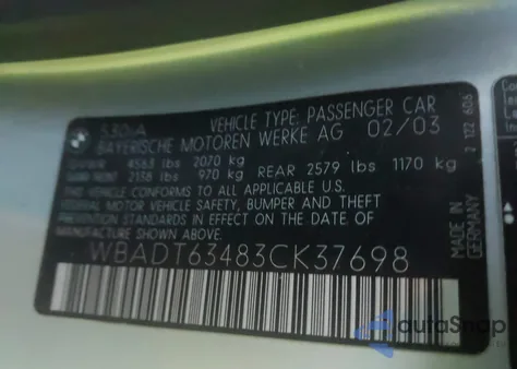 2003 BMW 530Ia из США, поврежденный, VIN WBADT63483CK37698